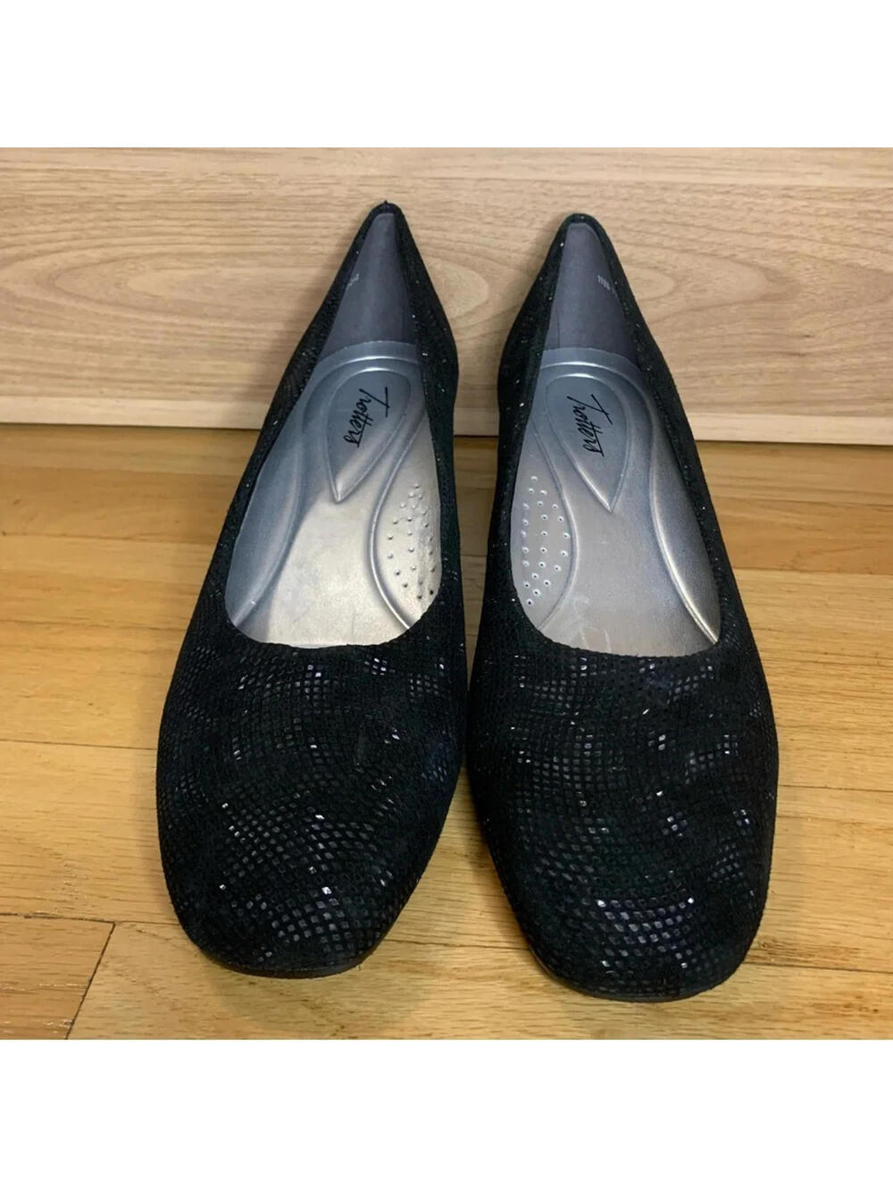 Trotters Lauren (Black 3D Patent Suede Leather) Slip-on Wedge Shoes - Size 11 SS - Picture 3 of 9
